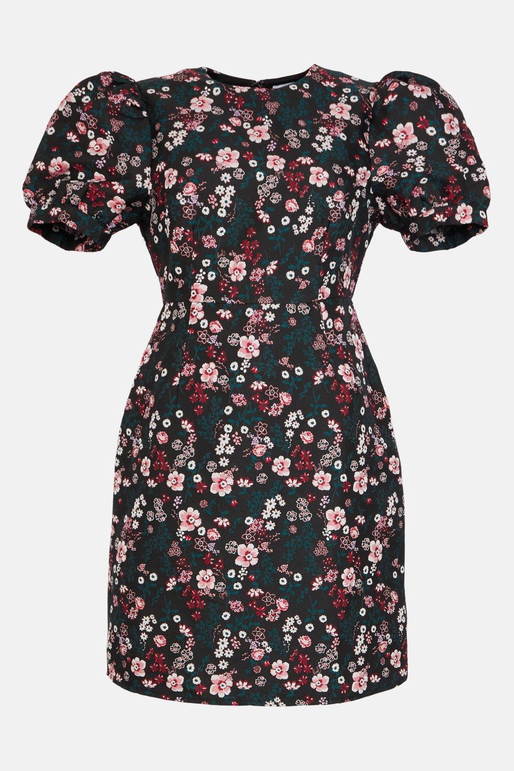Jacquard Puff Sleeve A-line Mini Dress ...